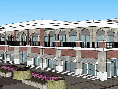 Traditional Commercial Street Architecture With Arched Windows Awnings Balcony Railings Flower Beds And Benches 3d model