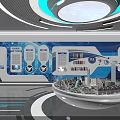 Hi tech Exhibition Hall Featuring Blue Background Circular Platform Display Models And Information Panels