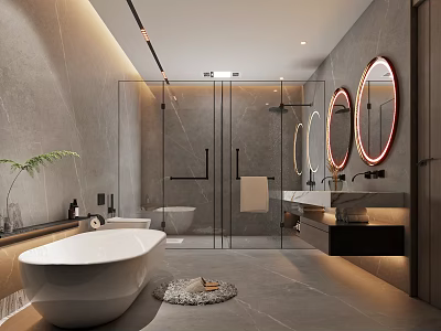 Modern Bathroom Interior With Freestanding Bathtub Glass Shower Enclosure And Round Mirrors 3d model