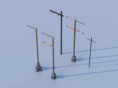 Various Utility Pole Models With Crossbars Color Accents And Stone Bases 3d model