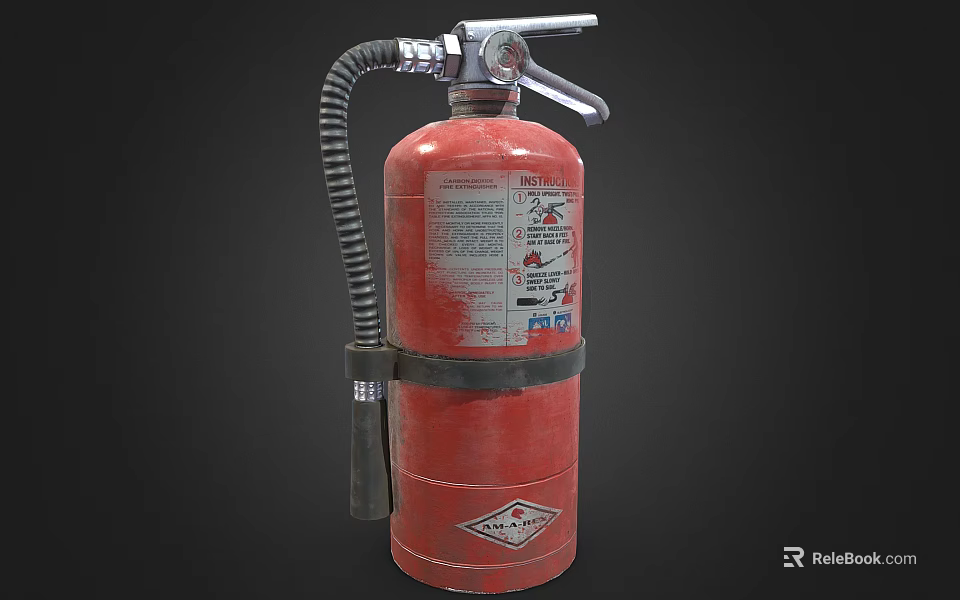 Red Fire Extinguisher with Hose and Pressure Gauge Featuring Instructional Label and Safety Text 3d model 