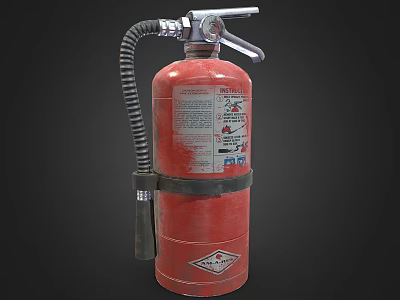 Red Fire Extinguisher with Hose and Pressure Gauge Featuring Instructional Label and Safety Text 3d model