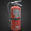Red Fire Extinguisher with Hose and Pressure Gauge Featuring Instructional Label and Safety Text