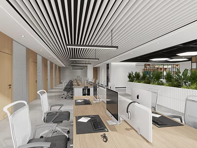 Modern Open Public Office Area With Desks Computers And Plants 3d model