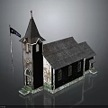 Vintage Church Building With Steeple Flag Wooden Structure And Green Plants Covering Gray Roof