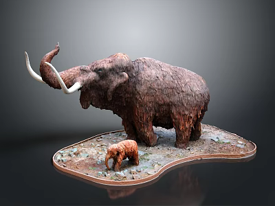 Woven Texture Mammoth Model With Adult And Baby Long Tusks On Decorative Base 3d model