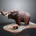 Woven Texture Mammoth Model With Adult And Baby Long Tusks On Decorative Base