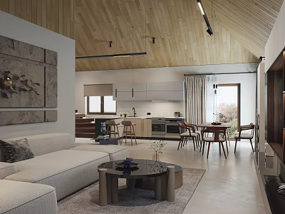Modern Open Concept Living Dining Room With Wooden Ceiling Light Gray Sofa And Dining Table 3d model