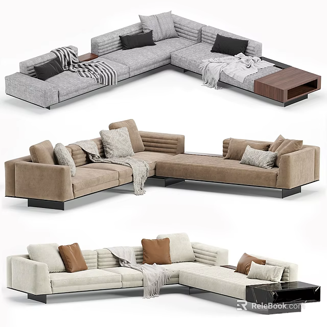 Gray Brown Beige Sectional Sofa With Throw Pillows Blankets And Side Table 3d model