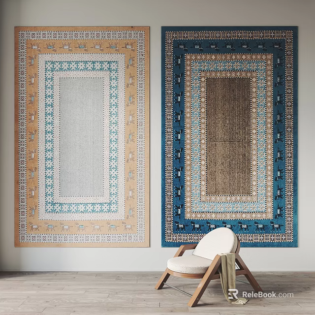 Two Square Rugs With Beige Blue Borders Light Brown Centers And Ornate Patterns 3d model