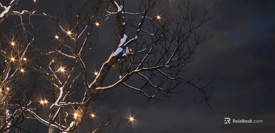 Snow Covered Arbor Tree With Twinkling Lights On Dark Sky Backdrop 3d model
