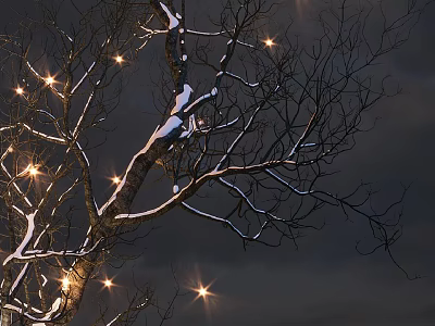 Snow Covered Arbor Tree With Twinkling Lights On Dark Sky Backdrop 3d model