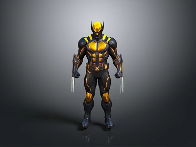 3D Rendered Superhero Character In Black And Yellow Armor With Metal Claws 3d model