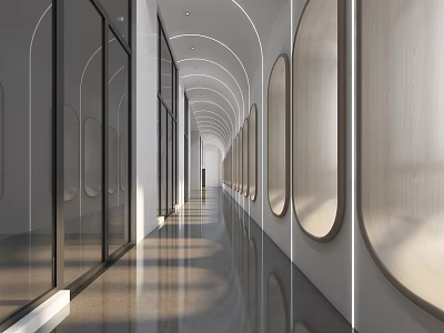 Modern Elevator Hallway Interior With Glass Doors Arched Walls Soft Lighting And Polished Floor 3d model