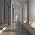 Modern Elevator Hallway Interior With Glass Doors Arched Walls Soft Lighting And Polished Floor