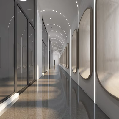 Modern Elevator Hallway Interior With Glass Doors Arched Walls Soft Lighting And Polished Floor 3d model