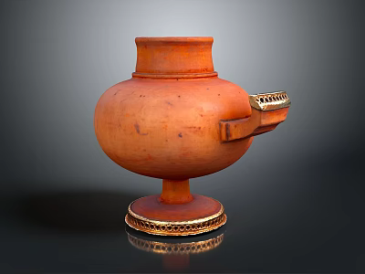 Brown Ceramic Clay Pot Sculpture With Golden Base And Intricate Hollow Carved Design 3d model