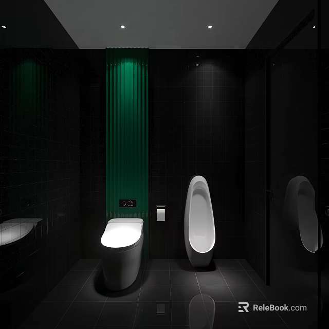 Modern Public Restroom Interior With Black Tiles Green Accent And White Fixtures 3d model 
