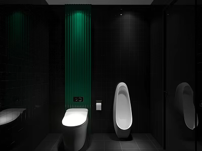 Modern Public Restroom Interior With Black Tiles Green Accent And White Fixtures 3d model