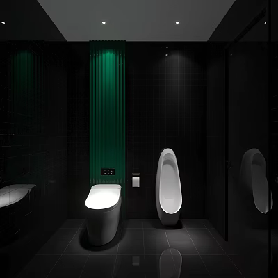 Modern Public Restroom Interior With Black Tiles Green Accent And White Fixtures 3d model