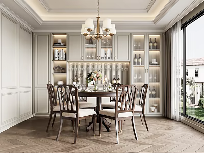 Elegant Modern Dining Room With Wooden Table Upholstered Chairs Chandelier And Glass Display Cabinets 3d model