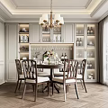 Elegant Modern Dining Room With Wooden Table Upholstered Chairs Chandelier And Glass Display Cabinets
