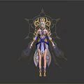 Fantasy Woman Character With Ornate Purple Blue Costume Golden Headdress And Halo Like Back Decoration
