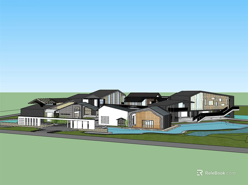 Modern Connected Architectural Buildings With Large Glass Windows Lawn And Water Feature 3d model