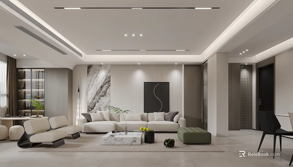 Modern Living Dining Room Interior With Beige Sofa Stone Wall And Ceiling Light Strips 3d model