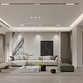 Modern Living Dining Room Interior With Beige Sofa Stone Wall And Ceiling Light Strips 3d model
