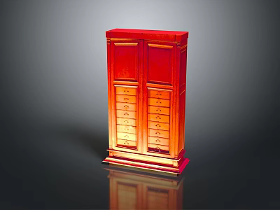 Classic Red Wooden Standing Cabinet With Double Doors And Multiple Drawers 3d model