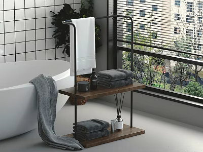 Modern Bathroom Scene With White Bathtub Wooden Towel Rack And Green Plant 3d model