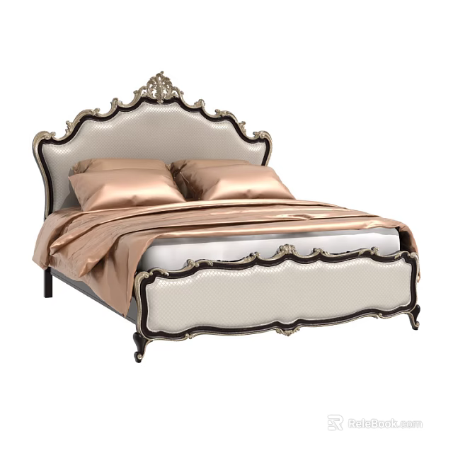Elegant Ornate Carved Double Bed With Ivory Upholstered Headboard And Gold Bedding 3d model 