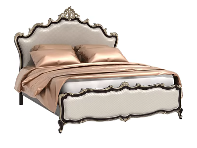 Elegant Ornate Carved Double Bed With Ivory Upholstered Headboard And Gold Bedding 3d model