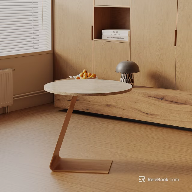 Minimalist Circular Side Table With Wood Top Metal Base In Room With Cabinet And Lamp 3d model 