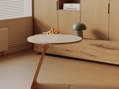 Minimalist Circular Side Table With Wood Top Metal Base In Room With Cabinet And Lamp 3d model