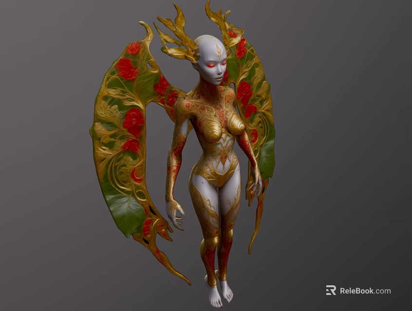 Detailed Mythical Game Movie Character With Golden Wings Red Flowers And Green Leaves 3d model 