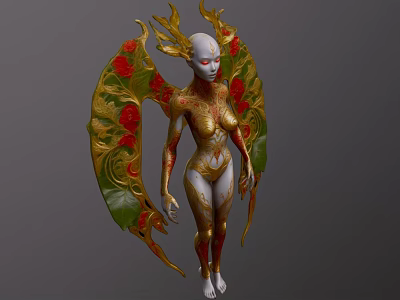 Detailed Mythical Game Movie Character With Golden Wings Red Flowers And Green Leaves 3d model