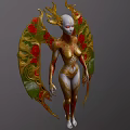 Detailed Mythical Game Movie Character With Golden Wings Red Flowers And Green Leaves