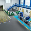Spacious Factory Interior With High Ceiling Windows Blue Green Floors Yellow Accents And Machinery
