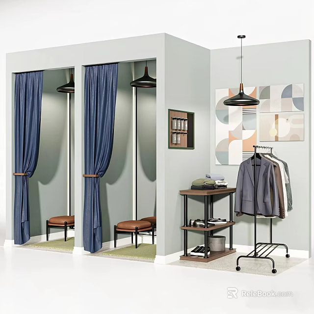 Modern Clothing Store Interior With Blue Curtain Fitting Rooms Geometric Wall Art And Clothing Rack 3d model 