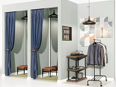 Modern Clothing Store Interior With Blue Curtain Fitting Rooms Geometric Wall Art And Clothing Rack 3d model
