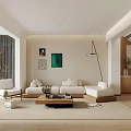 Modern Minimalist Living Room Interior Design With White Sofa Wooden Coffee Table And Decorative Paintings