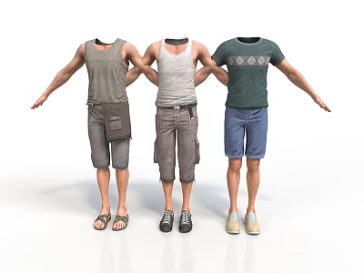 Three Mannequins Dressed In Casual Apparel With Tank Tops Shorts And Shoes 3d model