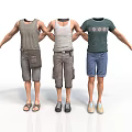 Three Mannequins Dressed In Casual Apparel With Tank Tops Shorts And Shoes