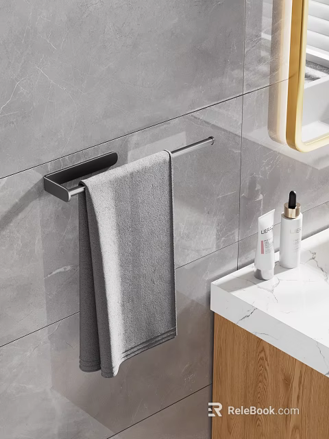 Gray Towel On Black Rack With White Marble Countertop And Gold Framed Mirror In Bathroom 3d model 