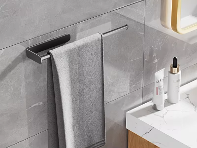 Gray Towel On Black Rack With White Marble Countertop And Gold Framed Mirror In Bathroom 3d model