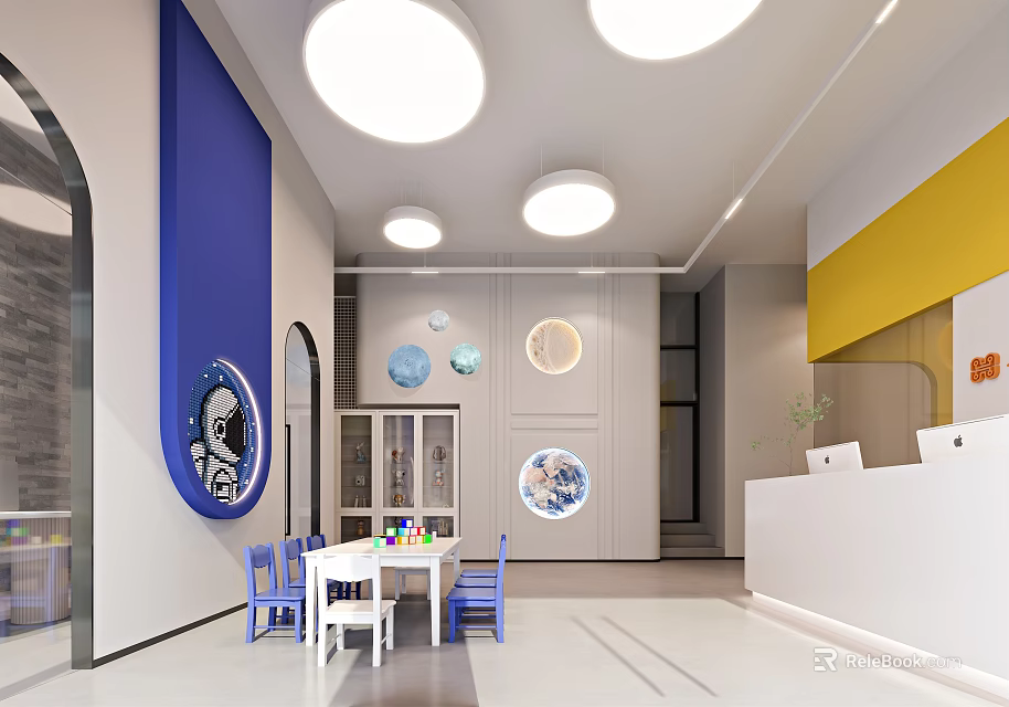 Bright Kindergarten Interior With Blue Decor Play Area And Lights 3d model 