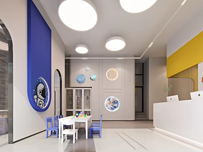 Bright Kindergarten Interior With Blue Decor Play Area And Lights 3d model