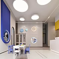 Bright Kindergarten Interior With Blue Decor Play Area And Lights